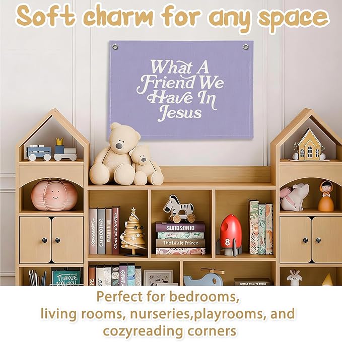 RTXLEZM Kids Room Decor-What a Friend We Have in Jesus Christian Canvas Banner Wall Hanging,Purple Minimalist Bible Verse Wall Art Prints for Classroom, Nursery, Kids Room