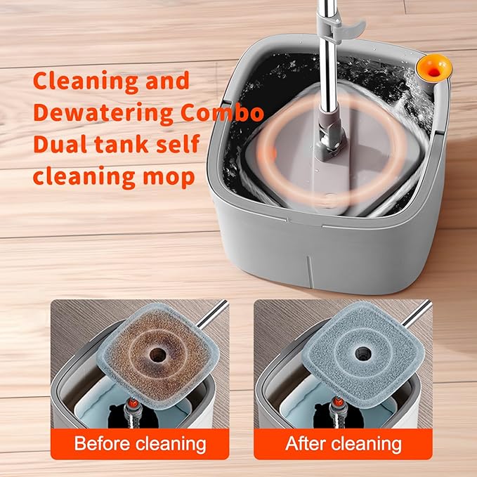 KZKR Spin Square mop and Bucket System with Wringer Set for Home with 2 Mop Pads (Grey,White)
