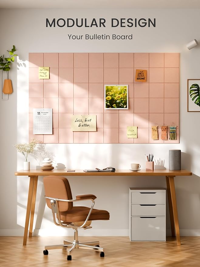 Bumusty Large Felt Bulletin Board, 36" x 24" Cork Board Alternative, 6-Pack Wall Tiles with 4-Compartment Design, 30 Push Pins, 40 Adhesive Tabs, Ideal for Office & Home Decor, Pink