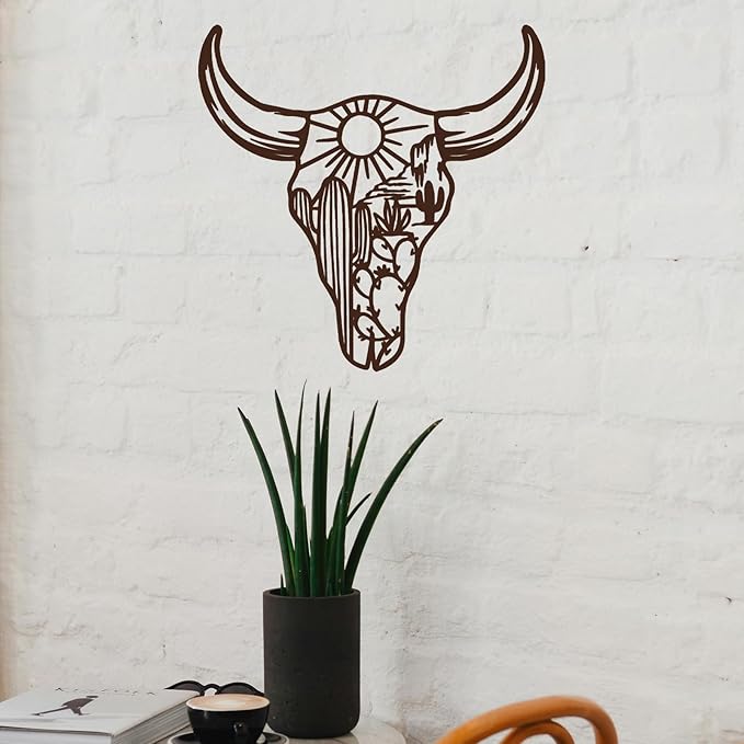 RESACO Cow Skull Metal Wall Art Western Wall Decor Western Bathroom Decorations Southwestern Decor Desert Wall Sculptures for Living Room Bedroom Indoor Outdoor (13in x 13in brown)