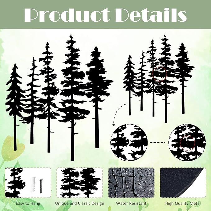 ESTART Metal Pine Tree Wall Art, Metal Tree Wall Decor, Nature Rustic Farmhouse Cabin Decor, Forest Wall Art for Home Living Room Bedroom Office Indoor and Outdoor Decoration (Black)