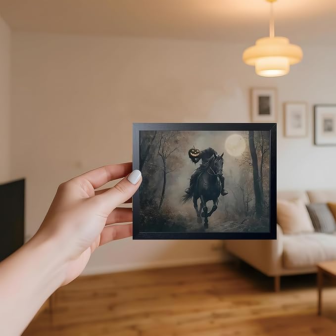 Vintage Canvas Wall Art, Dark Academia Wall Decor, Gothic Poster Print Painting, Headless knight holding a pumpkin lantern Halloween for Living Room Bedroom Decor 8x10 Inch Black Wood Framed