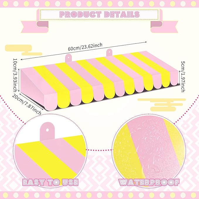 Boao 4 Pack Circus Awning Decoration 3D Stripe Cardboard Awning Carnival Wall Decor Circus Party Favors for Lemonade Stand Bakery Ice Cream Truck Bulletin Board Decor(Pink and Yellow)
