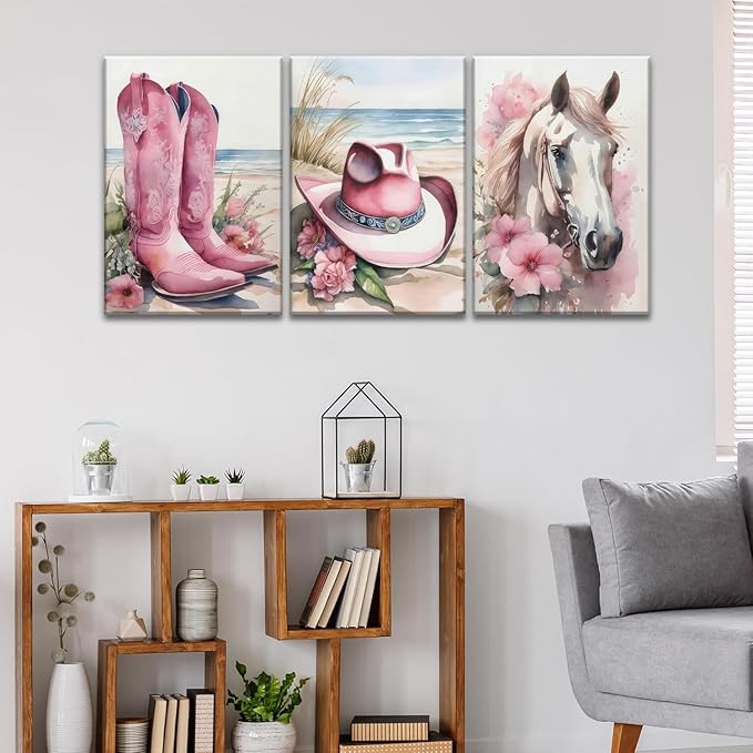 Djmwtb 3 Piece Canvas Wall Art Western Wall Decor Cowgirl Pictures Horse Prints Coastal Painting Pink Artwork for Bedroom Bathroom 12x16in Framed