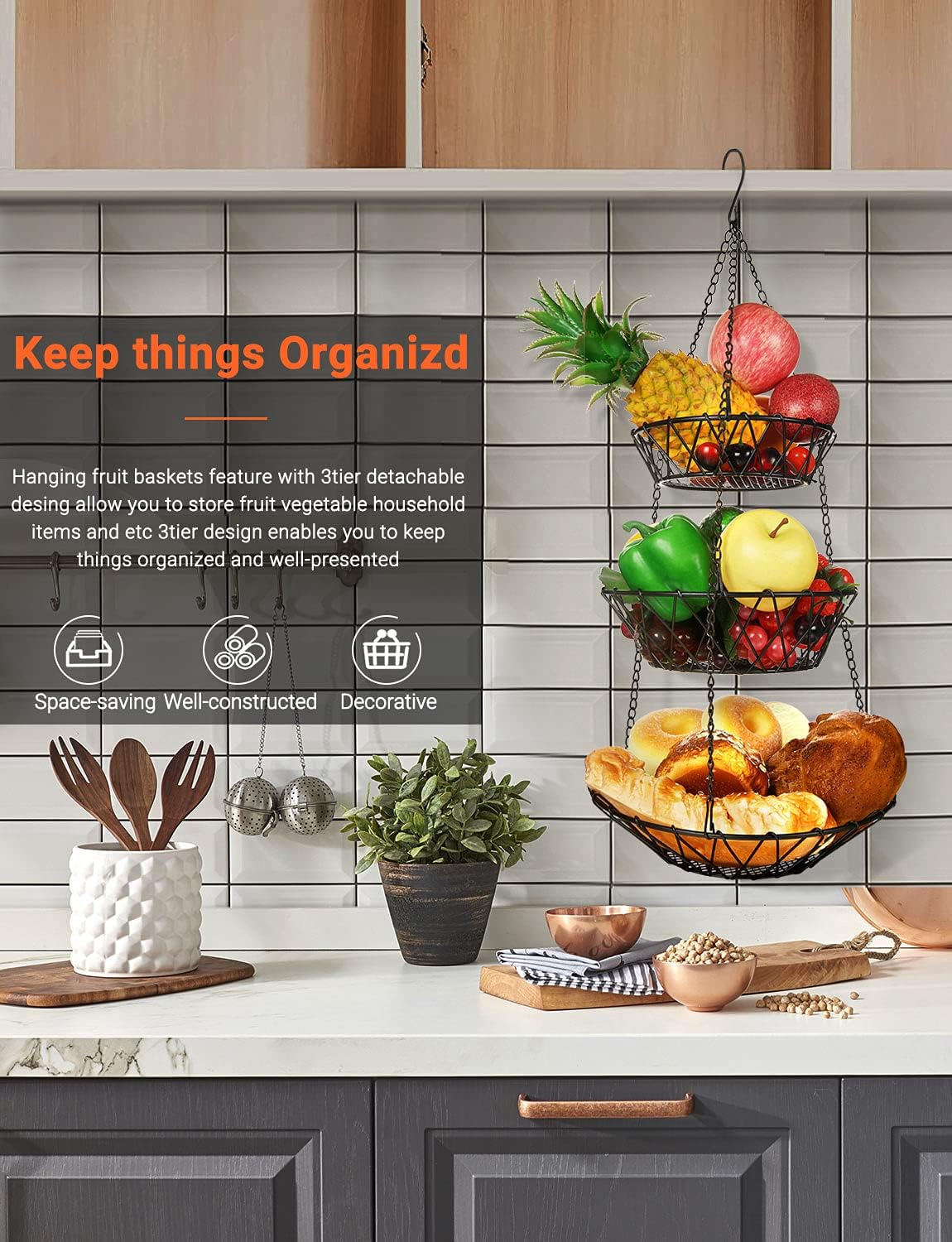 3 Tier Hanging Basket with Sturdy Metal Chain Hanging Hooks Fruit and Vegetable Basket Heavy Duty Wire Organizer Space Saving Rustic Country Style Kitchen Storage