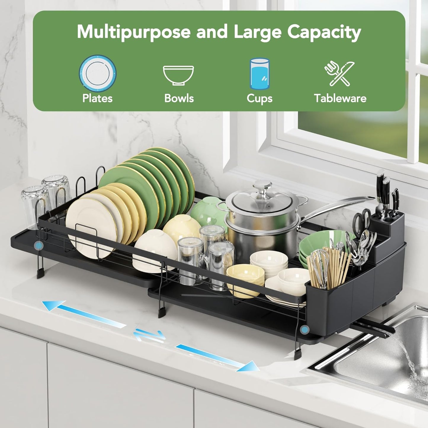 ROTTOGOON Expandable Dish Drying Rack,Multifunctional Adjustable Dish Drainer with Swivel Spout and Anti-Rust Dish Rack with Removable Cutlery & Cup Holders for Kitchen Counter,Black