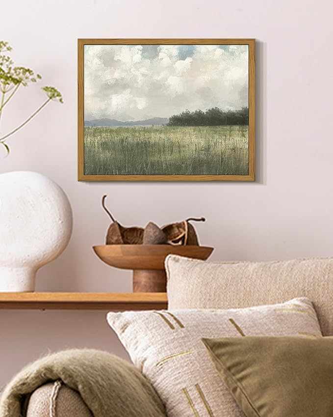 SHENIFY Vintage Landscape Framed Wall Art Country Meadow Scenery Farmhouse Decor Retro Painting for Living Room Bedroom Ready to Hang Wall Artwork - 8x10in Natural Framed