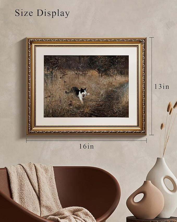 VIYYIEA Gold Framed Vintage Black Cat Holding A Bird Wall Art, Rustic Nature Scenery for Living Room Decor | No-Glass Design, Textured Canvas Finish | Elegant Home Office Wall Art, 13x16 Inch.