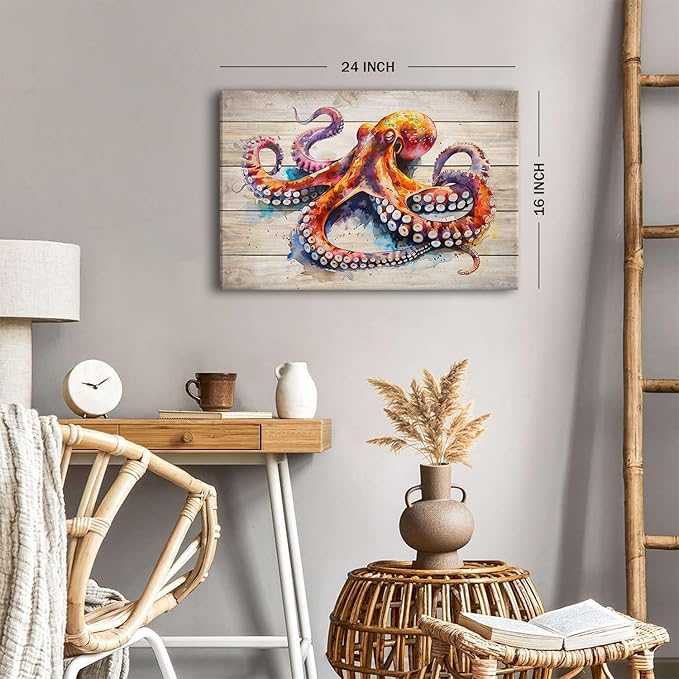 Watercolor Octopus Wall Art for Bathroom Canvas Marine Life Decor Sea Ocean Nautical Theme Picture Prints Underwater Animal Poster Sea Life Painting Artwork Living Room Office Decoration 16x24"