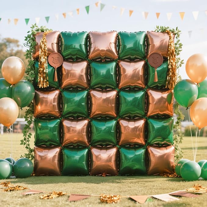 NISOCY 25PCS Dark Green and Brown Square Foil Baloons Wall Backdrop Double Sided Dark Green and Brown Balloons Arch Kit for Anniversary Birthday Thanksgiving Christmas Jungle Party Decorations