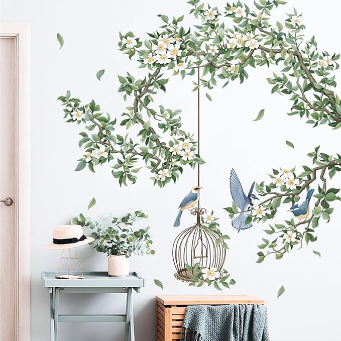 White Flower Wall Stickers, Removable DIY Romantic Cherry Blossom Tree Wall Murals Peel and Stick Wall Art Stickers Home Decor for Gilrs Bedroom Nursery Rooms Living Room