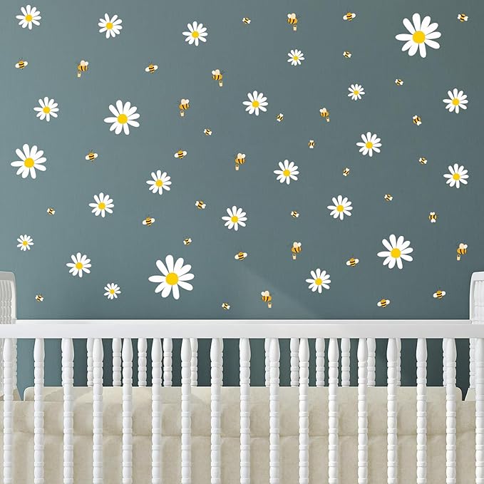 White Daisy and Bees Wall Stickers Easy to Peel and Stick Retro Flower Wall Decals for Girls Bedroom Nursery Living Room Office Floral Wall Decor
