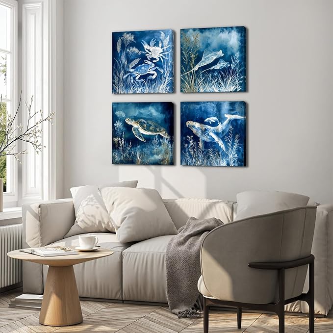 Ocean Beach Wall Art Blue Coastal Room Decor Nautical Canvas Prints Sea Turtle Whale Crab Stingray Pictures Paintings Underwater Marine Posters Artwork for House Beachy Bedroom Decoration 16x16” 4Pcs