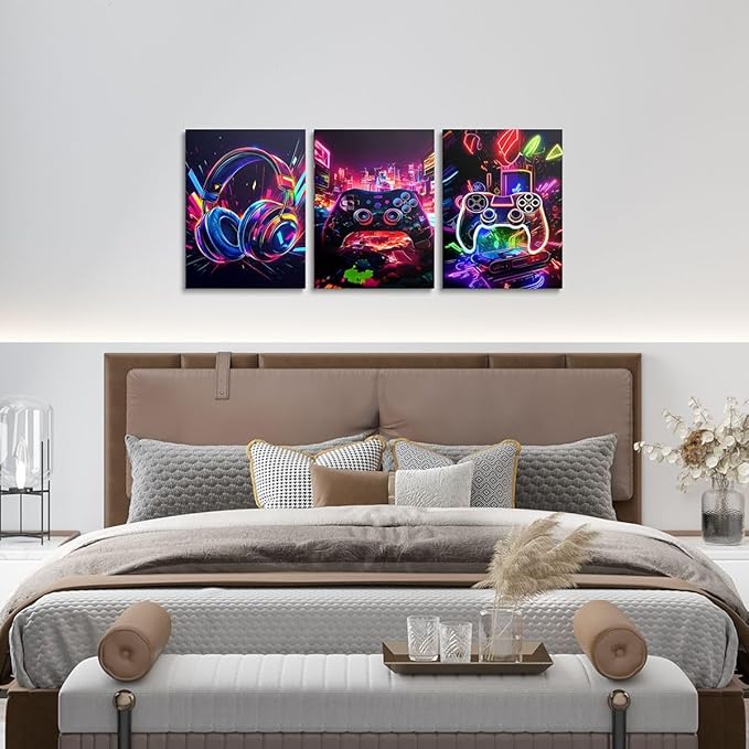 Feelyou Gamer Canvas Wall Art for Living Room - 12" x 16" 3 Piece Game Controller Picture - Gaming Gifts Bathroom Decor - Gamepad Office Decorations Artwork Posters - Purple Painting