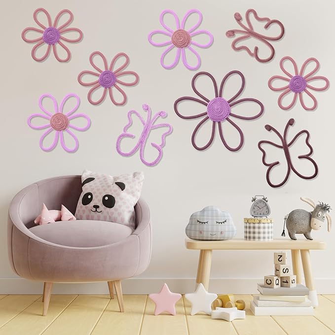 Wesiti 9 Pcs Boho Nursery Decor 3 Size Daisy Flower and Butterflies Woven Macrame Wall Hanging for Home Nursery Bedroom Dorm Wall Art(Fresh Color)
