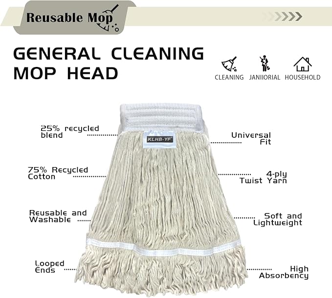 Heavy Duty Wet Industrial Cleaning Mop Head – Mop Head Replacement Perfect Cotton Washable Mop Head Replacement for Commercial & Home Cleaning（White）