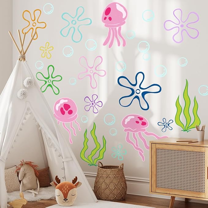 Under The Sea Jellyfish Bubbles Wall Stickers，Under The Sea Ocean Wall Decals，Removable Vinyl Under The Sea Decor，Underwater Sea Wall Stickers for Toddler Baby Nursery Living Room Office.