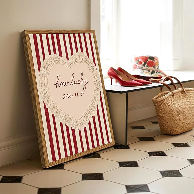 Framed How Lucky Are We Wall Art, Vintage Red Striped Pictures Wall Decor, Romantic Lace Heart Quote Paintings Canvas Prints Coquette Home Decor for Living Room Bedroom Bathroom 12x16 inch