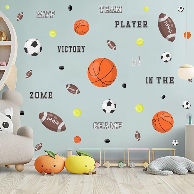 Sports Wall Decals, Basketball and Football Wall Stickers, Peel and Stick Removable DIY Inspirational Wall Decor for Boys Bedroom Classroom Kid's Nursery Room Playground