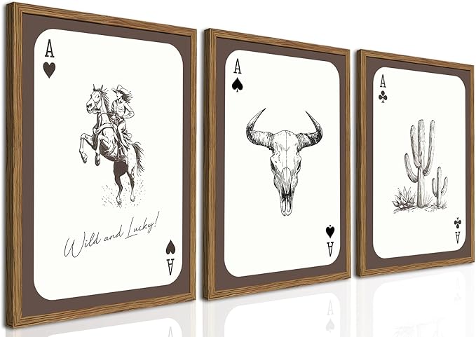 Western Cowboy Wall Art Set of 3, Vintage Cowgirl Rodeo Decor Painting, Southwestern Rustic Aesthetic Artwork Canvas Prints for Living Room Bedroom Farmhouse 12x16 inch Wood Framed