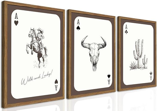 Western Cowboy Wall Art Set of 3, Vintage Cowgirl Rodeo Decor Painting, Southwestern Rustic Aesthetic Artwork Canvas Prints for Living Room Bedroom Farmhouse 12x16 inch Wood Framed