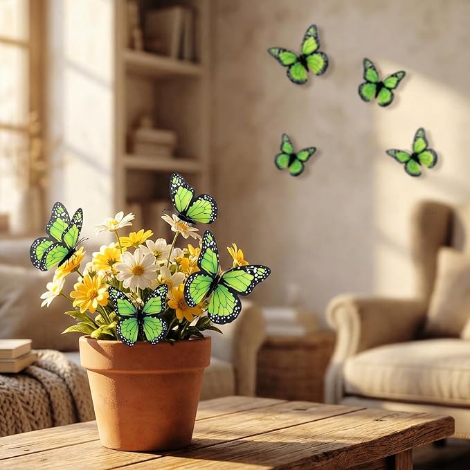 Chuangdi 48 Pcs Green Monarch Butterfly Decorations 3 Size Fake Butterflies Realistic Butterfly Craft Artificial Mariposas Wall Decor for Craft Wedding Home Birthday Party (3.2inch,4inch,4.7inch)