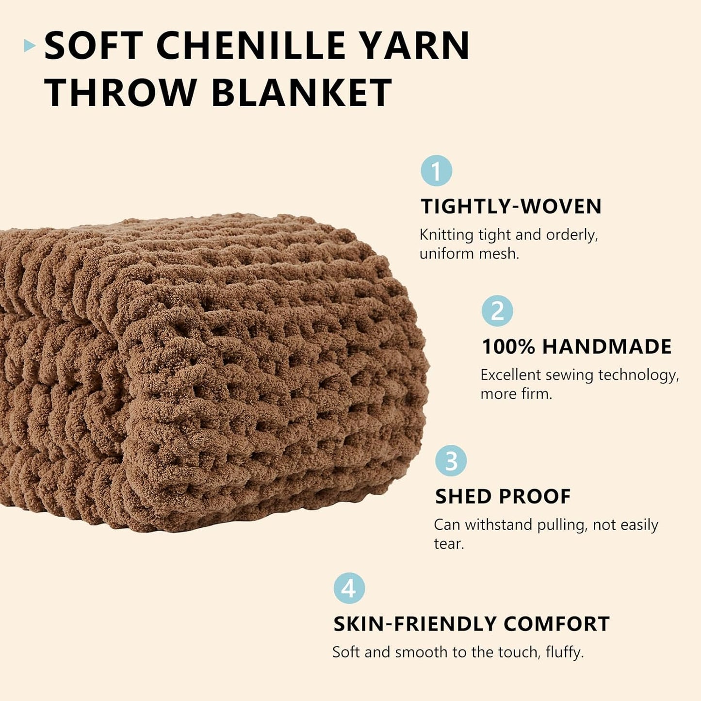 L'AGRATY Chunky Knit Blanket Throw - Soft Chenille Yarn Throw Blanket 40x50： Handmade Thick Cable Knit Crochet Blanke - Large Knit Blanket Chunky Rope Knot Throw Blanket for Couch Sofa Bed Home Decor