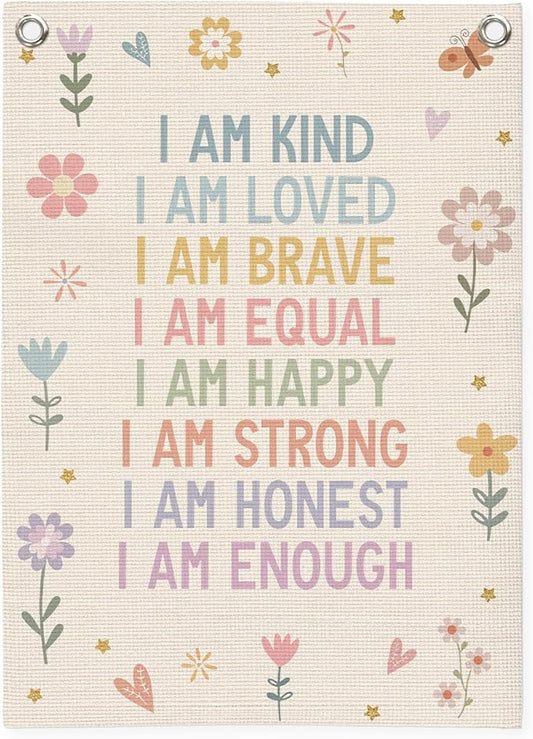Affirmations Wall Hanging Art for Kids, Flower Wall Art I Am Kind Linen Canvas Banner, Girls Room Decor, Kid's Bedroom, Affirmations Wall Banner, Inspirational Nursery Decor 18x25 Inch