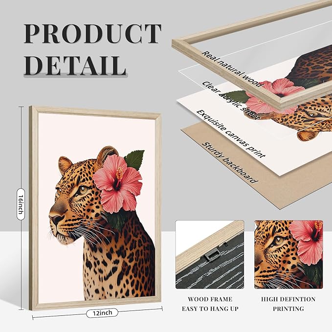 Trendy Leopard Wall Art Pink Cheetah Print Room Decor Leopard Flower Canvas Wall Decor Cheetah Aesthetic Poster Girly Pink Preppy Picture Funky Y2k Artwork for Girl Bedroom 12x16x3 Inch Wood Framed
