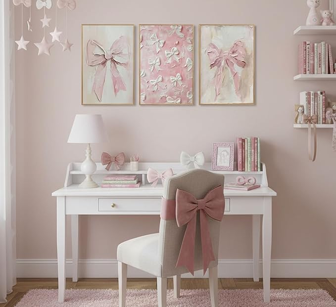 3Pcs Trendy Pink Bow Canvas Wall Art Vintage Cute Preppy Watercolor Bows Painting Pictures Wall Decor Posters Prints Girly Aesthetic for College Apartment Bedroom Decoration Unframed