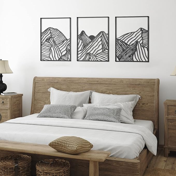 Peryiter 3 Pcs Metal Wall Art Decor Landscape Mountain Wall Hanging Decor for Living Room Abstract Minimalist Modern Mountain Line Pictures Bathroom Office Home Gifts Indoor(Black)