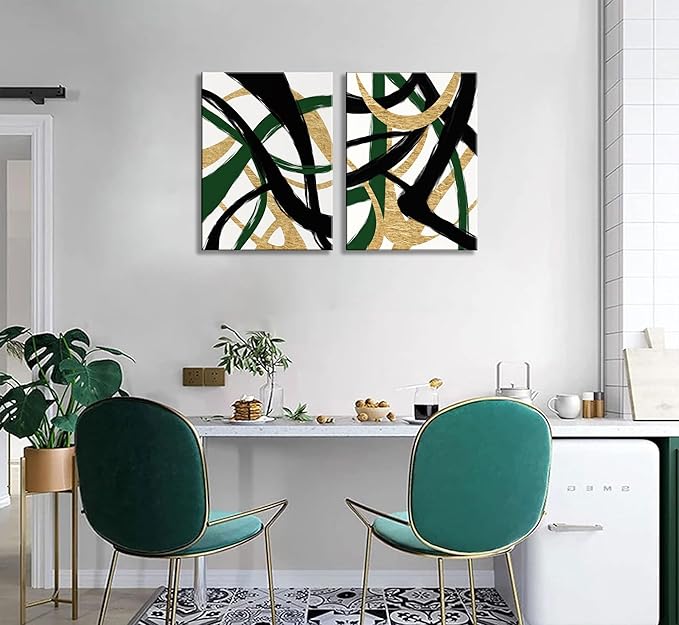 GKQNMU 2pcs Abstract Stripe Canvas Wall Art Modern Minimalist Geometry Wall Decoration Pictures Green Gold And Black Prints Posters Paintings for Living Room Bedroom Office Decoration Ready To Hang