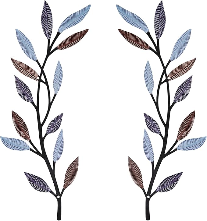 AHYS Metal Tree Leaf Wall Decor 2 PCS Rustic Vine Branch Leaf Wall Art for Living Room Bedroom Bathroom Decorations - Elegant Color