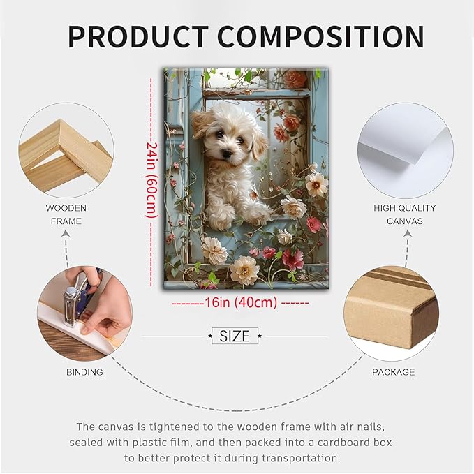 Framed Poodle Canvas Wall Art, Funny Teddy Dog Poster Print, Abstract Dog Standing Among Flowers Painting Wall Decor for Dormitory Restroom Bedroom Kids Room Decor 16x24 inch