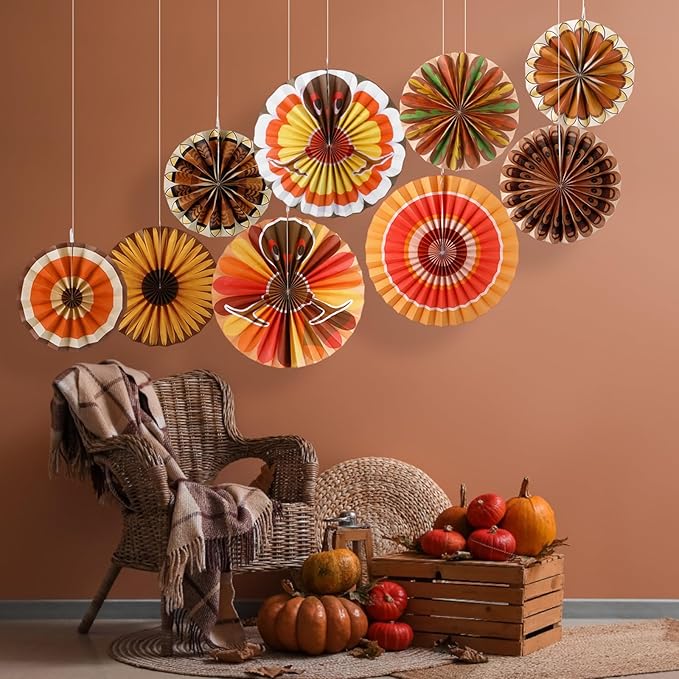Outus 9 Pcs Thanksgiving Party Decorations Paper Fans Hanging Turkeys Thanksgiving Birthday Decorations Turkey Maple Leaves Hanging Ceiling Decor Fall Autumn Birthday Wedding Party Classroom Office