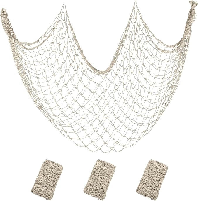 ZUEXT Beige Decorative Fishing Net 5x10 Feet, 3 Pack Large Picture Fish Net Decor, Wall Photo Hanging Fishnet for Nautical Mermaid Pirate Ocean Themed Hawaii Beach Under The Sea Party Decorations