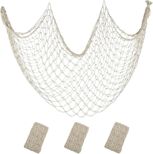 ZUEXT Beige Decorative Fishing Net 5x10 Feet, 3 Pack Large Picture Fish Net Decor, Wall Photo Hanging Fishnet for Nautical Mermaid Pirate Ocean Themed Hawaii Beach Under The Sea Party Decorations