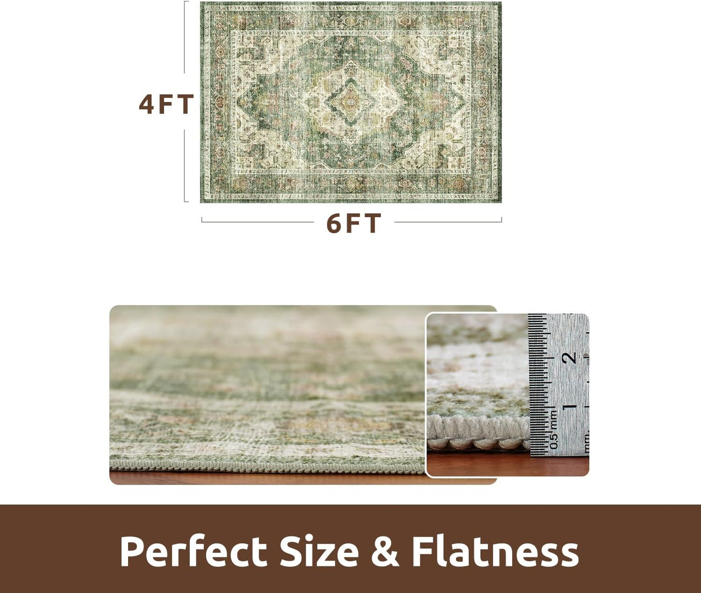 AMOAMI-4X6 Area Rugs for Living Room -Soft Vintage Bedroom Rugs-Non Slip Washable Rug-Throw for Living Room Bedroom Bedside Dining Room Office Green