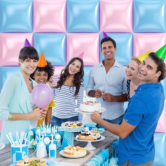 36pcs Pink and Blue Square Foil Balloons Wall Backdrop with 147pcs Balloon Garland Arch Kit, Double Sided Balloons for Princess Birthday Boy or Girl Gender Reveal Baby Shower Party Decorations