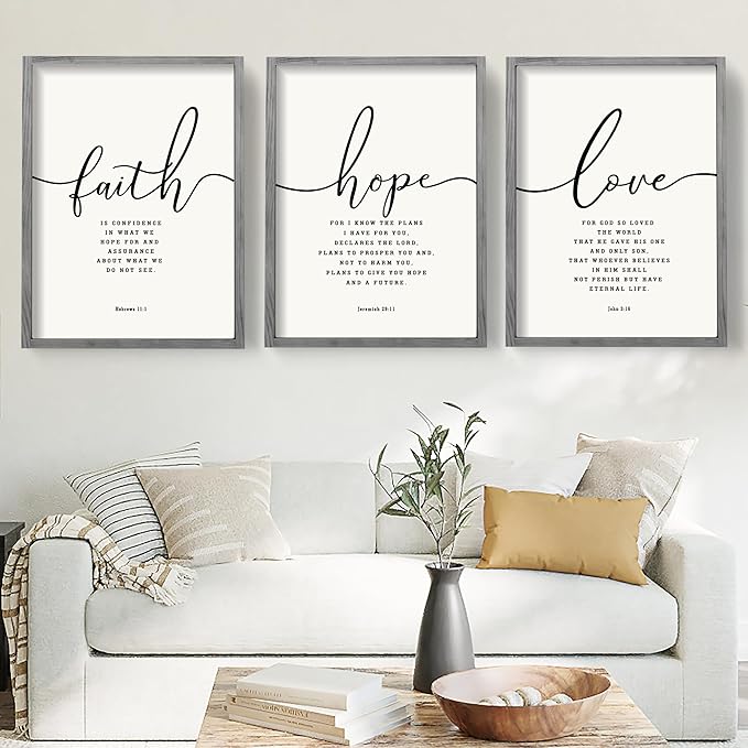 Houmury Set of 3 Framed Farmhouse Bible Verses Wall Decor Sign 11”x14” Christian Faith Scripture Wall Art for Home Living Room Bedroom Wall Decor (11"x14" Grey)