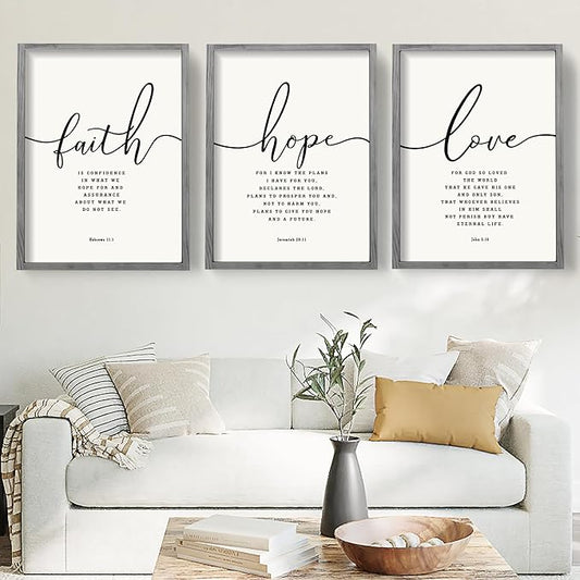 Houmury Set of 3 Framed Farmhouse Bible Verses Wall Decor Sign 11”x14” Christian Faith Scripture Wall Art for Home Living Room Bedroom Wall Decor (11"x14" Grey)