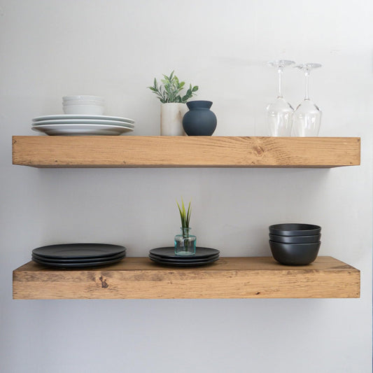 Modern Floating Shelves 3 Inches Thick for Wall, Wide Shelves for Kitchen, Living Room, Bedroom, and Bathroom, Natural Pine Wood, Rustic Wooden Shelf, (Set of 2) (Aged Oak, 36Lx3Hx6D)