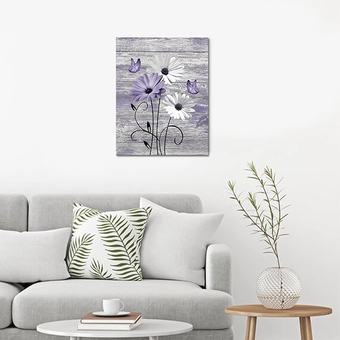 MYUSRE Farmhouse Purple Floral Wall Art for Living Room,White Daisy and Purple Butterfly on Rustic Wood Canvas Wall Art Country Flower Pictures for Bedroom Bathroom Office Wall Decor,10L X 8W inches