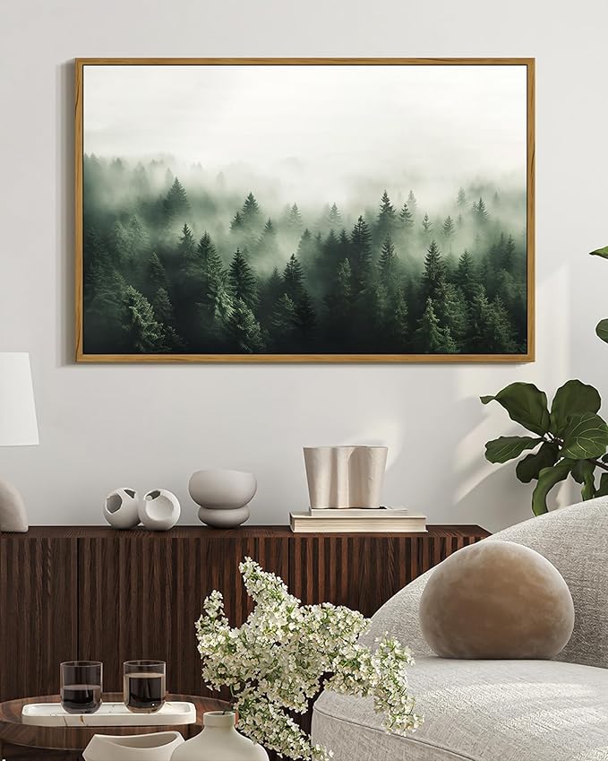 SHENIFY Green Fog Pine Tree Forest Vintage Framed Wall Art Modern Landscape Scenery Farmhouse Artwork Prints Decor for Hallway Living Room Bedroom Dining Room - 16x24in Natural Framed