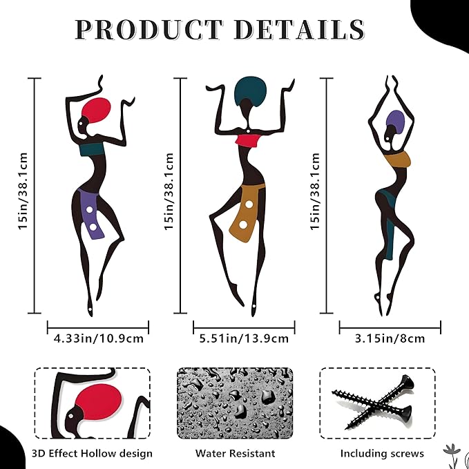 DICYWUDI 3 Pieces African Metal Wall Arts, Vintage Arts For Home Decor, Ethnic Dance Style Drawing Wall Art For Home Living Room Bedroom and Bathroom - For Birthday, Christmas, Thanksgiving, Mom Gifts