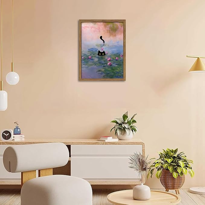 Vintage Framed Cat Canvas Wall Art Monet Print, Funny Black Cat in Water Lilies Poster, Monet Office Wall Decor, Floral Oil Painting Picture Artwork for Living Room Bathroom Aesthetic – 12x16 inch