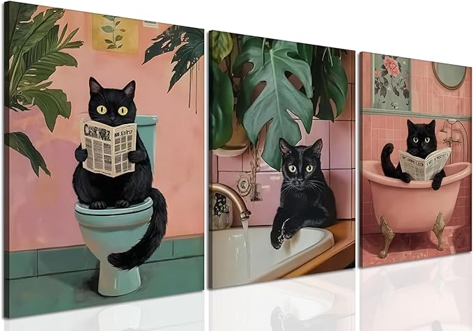 Funny Pink Bathroom Cat Wall Art Painting Set of 3 Maximalist Cute Black Cat Bathroom Wall Decor, Eclectic Animal Restroom Poster Canvas Prints Pictures 16x24 inch Framed