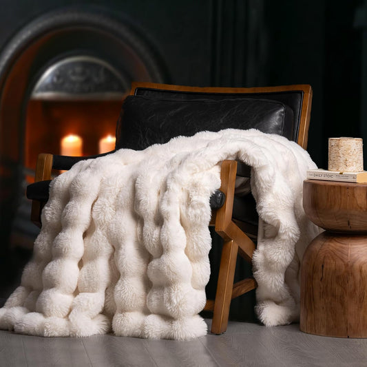 EVERGRACE Ultra Soft Luxury Fluffy Ridgeline Faux Rabbit Fur Throw Blanket, Thick Warm Bubble Throw for Bed, Cozy Plush Reversible Blankets for Couch, Chair, Sofa, Ivory White, 80x90 Inches, 870 GSM