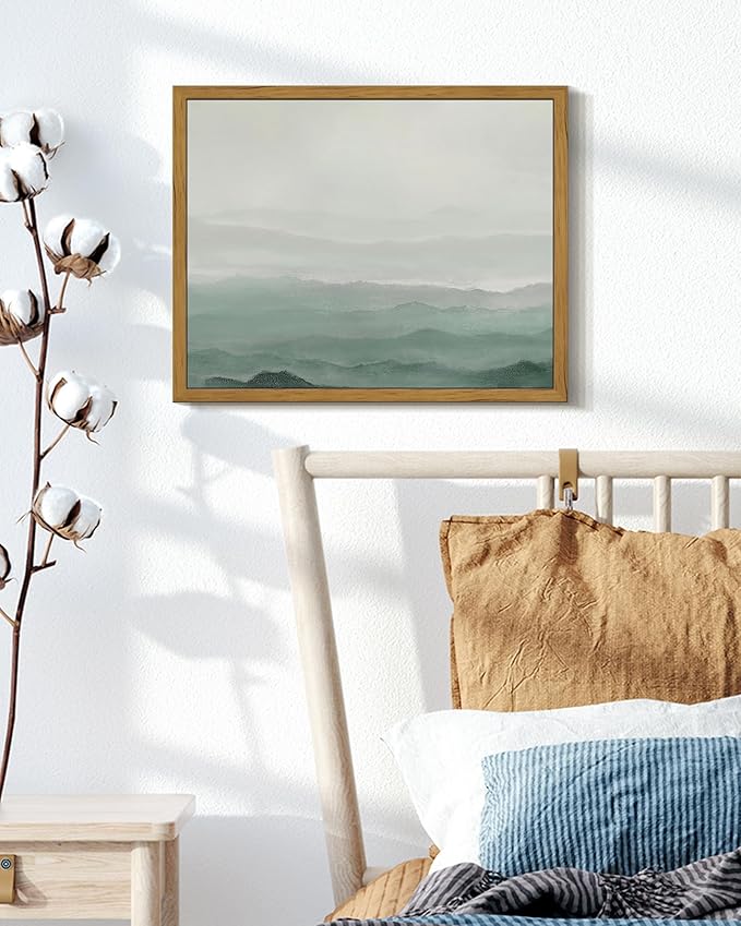 SHENIFY Vintage Landscape Framed Wall Art Foggy Mountain Farmhouse Decor Retro Wilderness Illustrations Decorative for Kitchen Living Room Bedroom Bathroom - 8x10in Natural Framed