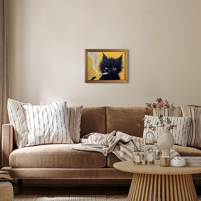 Aroutde Framed Funny Black Cat Wall Art, Cat Smoking a Cigarette Painting Vintage Gold Framed Wall Decor, Black Kitten Humor Animal Restroom Home Decoration (16L''x12W'')